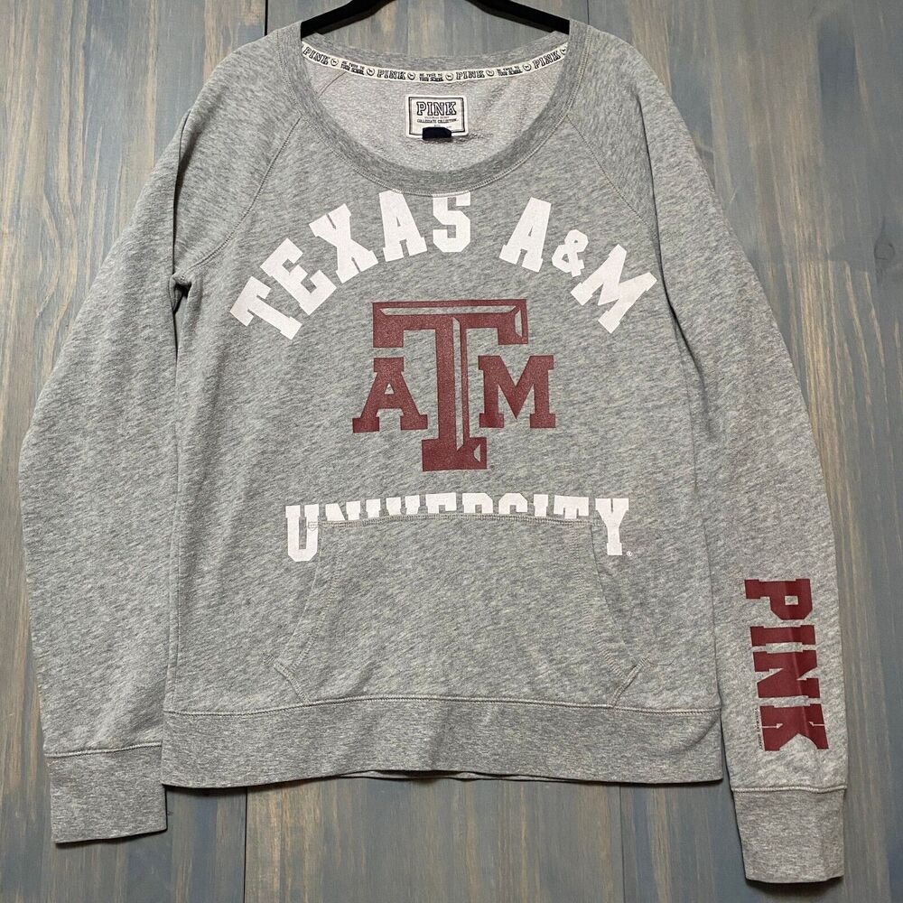 PINK TAMU Texas A&M University Womens Sweatshirt Sz L Raglan Gray WhiteTexas ATM